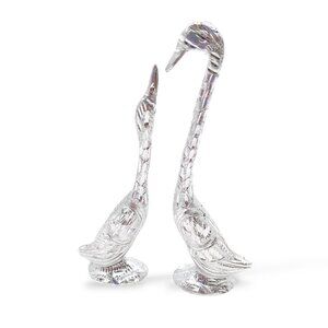 Vintage Aluminum Swan Figurine Pair 7" Hand-Carved Birds Boho Silver Decor
